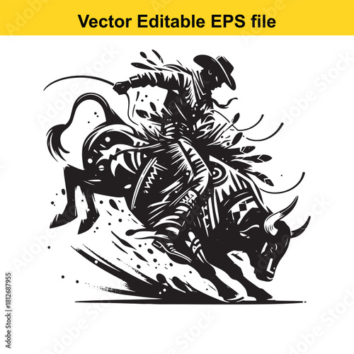 Black and white vector illustration of a cowboy riding a bull