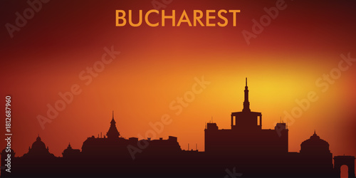 Stylized silhouette of Bucharest skyline against the backdrop of sunset in warm orange and red tones. Popular format for souvenirs, postcards, and stock illustrations.