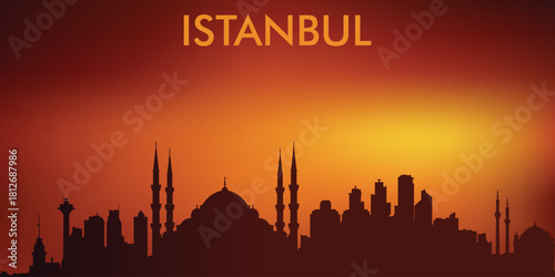 Stylized silhouette of Istanbul's skyline against the backdrop of sunset (or sunrise) in warm orange and red tones. Popular format for souvenirs, postcards, and stock illustrations.