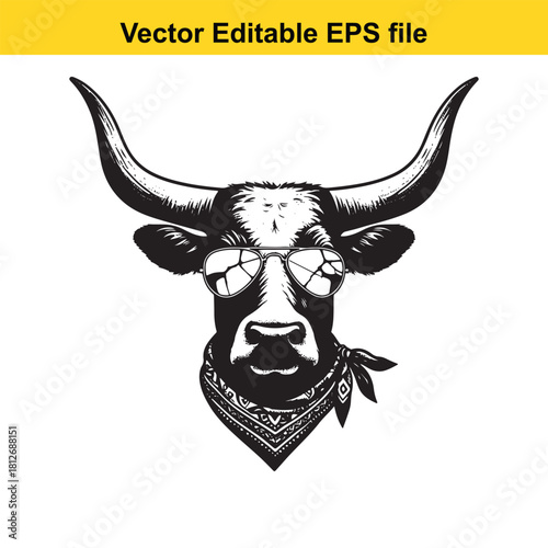 Cool bull head wearing aviator sunglasses and bandana