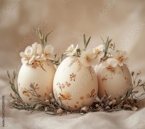 Decorative Eggs With Flowers and Greenery, Perfect for Spring Celebrations an...