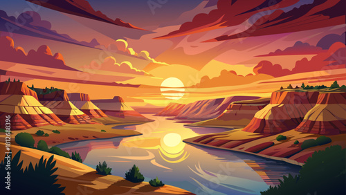 Very beautiful sunset colors glow over the Little Missouri River in Theodore Roosevelt National Park, reflecting warm light across calm waters and rugged Badlands formations, creating a peaceful North