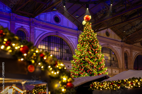 Festive Christmas market in Zurich railway station hall, Switzerland