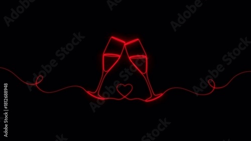 Video. Two neon champagne glasses clink in the shape of a heart. Drawing a continuous single editable line. Design for wedding, romantic concept. Animation on a black background. 4K.