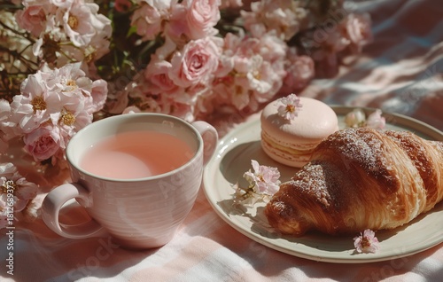 Morning Tea With Croissant and Macaroon Beside Pink Flowers on a Sunny Day