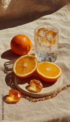 Refreshing Orange Drink Served With Ice and Fresh Fruit on a Sunny Table