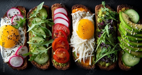 Colorful Avocado Toast With Fresh Vegetables and Eggs Served on Rustic Wooden...