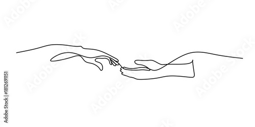 Single line drawing of romantic or helping concept, Two hands reaching out towards each other drawn by continuous one line. Continuous one line drawing of hands holding each other.