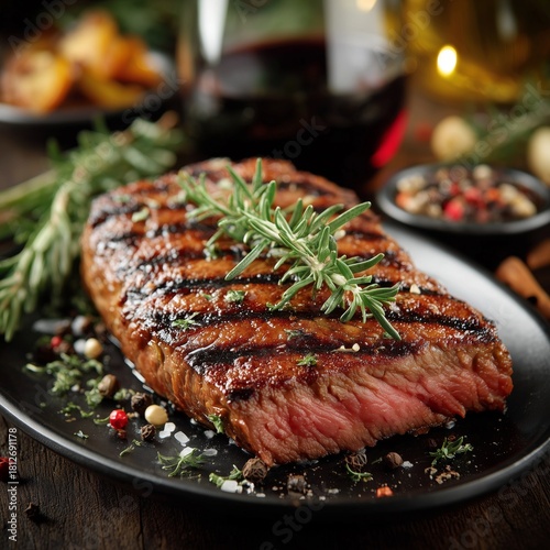 Juicy Grilled Steak Served With Herbs and Spices Alongside Red Wine on a Rust...