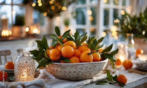 Bright Orange Fruits Arranged in a Bowl on a Table Surrounded by Warm Lights ...