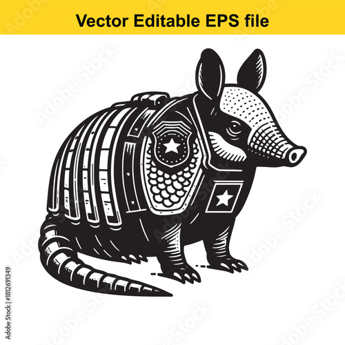 Armadillo wearing police armor and badge vector icon