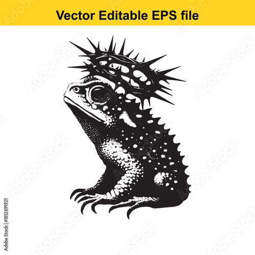 Black and white lizard wearing a crown of thorn