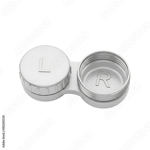 White contact lens case with L and R markings for left and right lenses on a transparent background Keywords: contact lens case, eye care, vision, optical