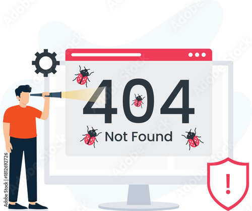 404 Error Page Not Found with developer searching software bug. Website maintenance, system error, bug fixing, technical support, troubleshooting problem, computer screen.