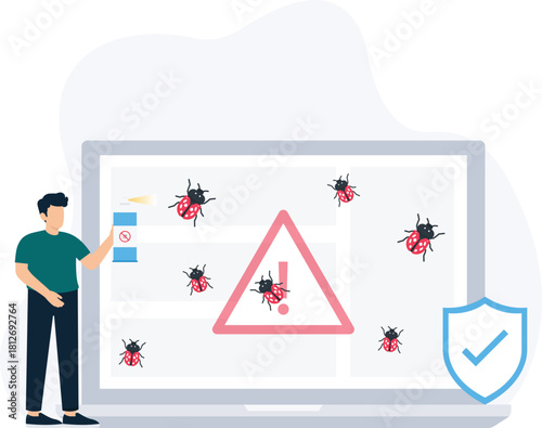 Cybersecurity concept man fixing computer bug with antivirus spray. IT support debugging system error malware removal data security network protection virus protection software developer.