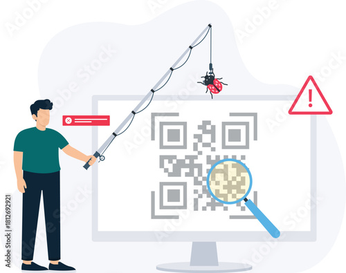 QR Code Phishing concept showing malware attack and hacker activity. Cyber security threat with online scam and data breach. Digital fraud, information theft, and computer virus vulnerability.