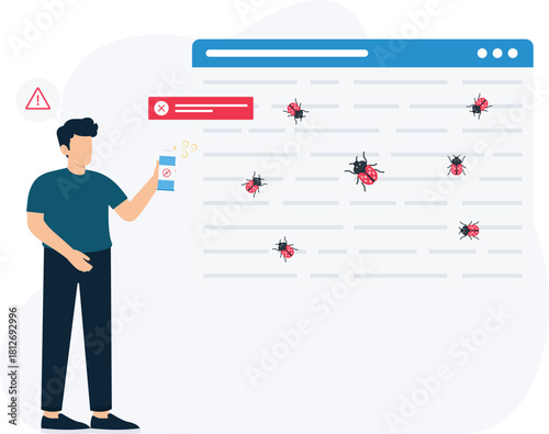 Software debugging concept man fixing computer bugs on a website. Cyber security and virus removal with tech support for quality assurance and data protection.