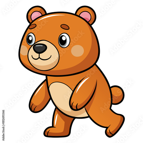 Cute cartoon brown bear character walking forward isolated on white background, smiling with round ears and cheeks isolated on white background, Vector, illustration
