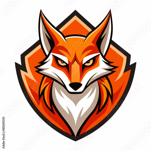 Intense orange fox head mascot logo inside a shield with sharp geometric design, vector art illustration. isolated on white background, Vector, illustration