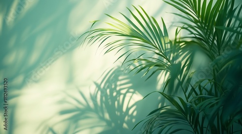 Lush Green Palm Leaves Casting Delicate Shadows on a Soft Background