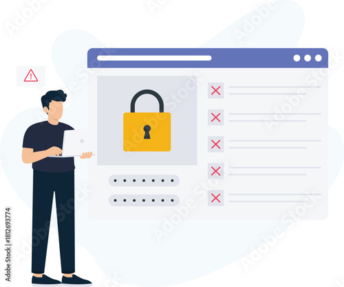 Man with laptop facing login failure and password error with security alert. Cybersecurity concept showing data protection, failed authentication, unauthorized access, and system breach.