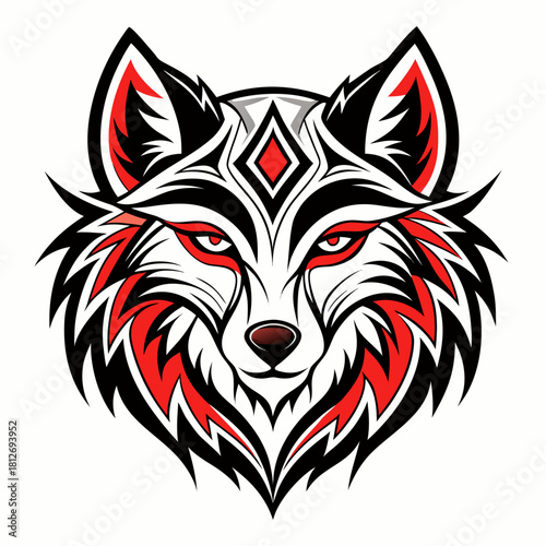 Stylized wolf head with tribal markings in black, red, and white. vector illustration. tribal wolf portrait. isolated on white background, Vector, illustration