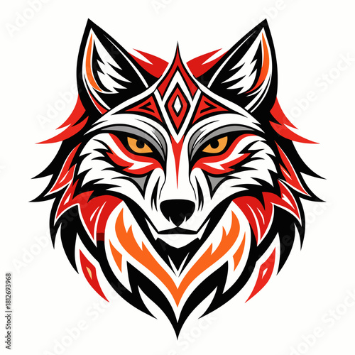 Stylized wolf head logo with tribal markings and fiery orange eyes, vector graphic illustration on white background isolated on white background, Vector, illustration