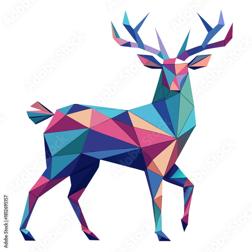 Geometric low poly deer graphic art, stylized animal illustration with vibrant blue, pink, and purple colors, isolated isolated on white background, Vector, illustration