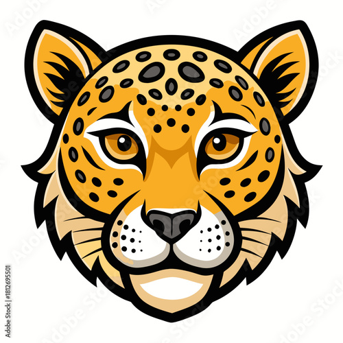 Stylized illustration of a fierce cheetah head, graphic art, tribal pattern, wild cat icon, vector portrait, jungle cat isolated on white background, Vector, illustration