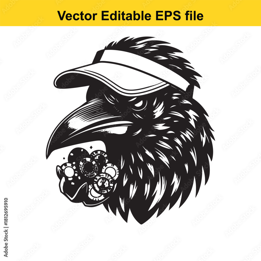 Naklejka premium Angry raven wearing visor holding poker chip in beak