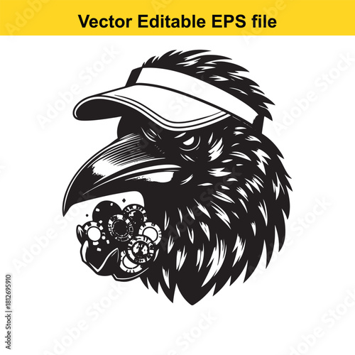 Angry raven wearing visor holding poker chip in beak