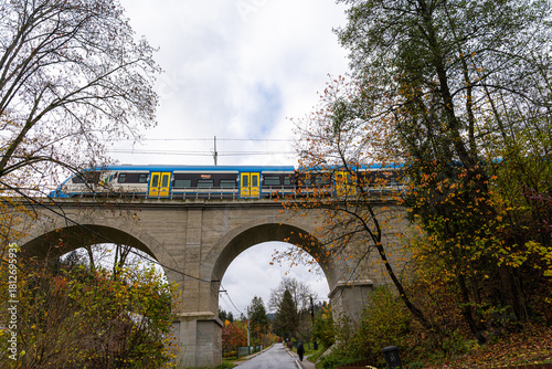 Fototapeta Naklejka Na Ścianę i Meble -  A Silesian Railway train crosses the monumental historic bridge in Wisła Dziechcinka on the mountain railway line.