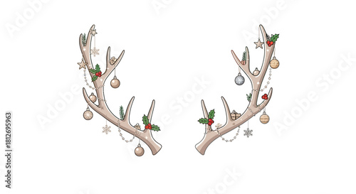Festive reindeer antlers adorned with Christmas ornaments create a whimsical holiday mood for your seasonal designs and joyful celebrations