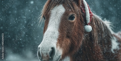 Horse Wearing a Red Hat Enjoys Snowfall in a Winter Landscape During the Holi...