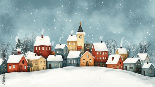 Charming Winter Village Scene With Colorful Houses and Falling Snowflakes at ...