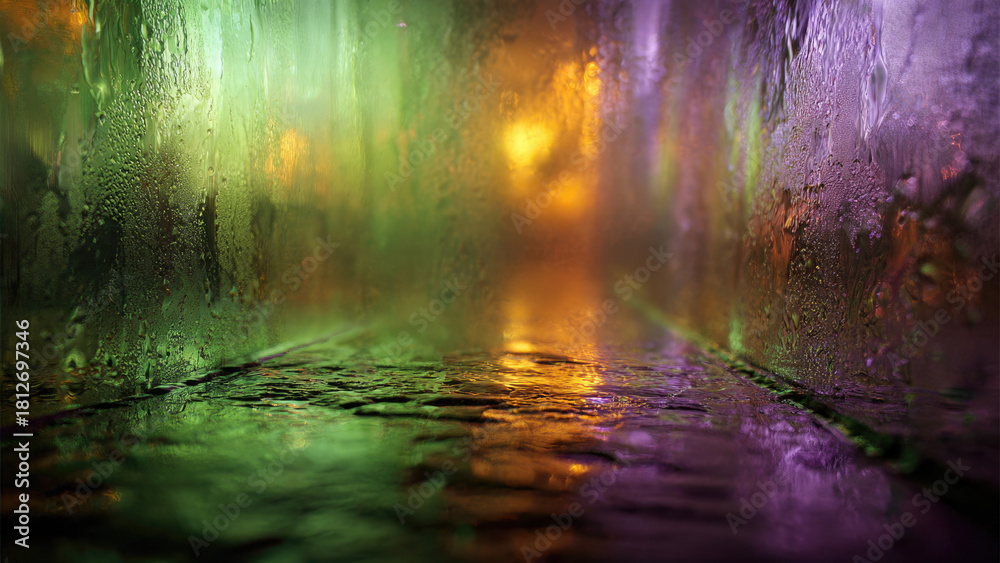 Naklejka premium Rain-streaked window blurs vibrant green, orange, and purple city lights, creating abstract reflections on a wet, textured surface, an atmospheric night scene.