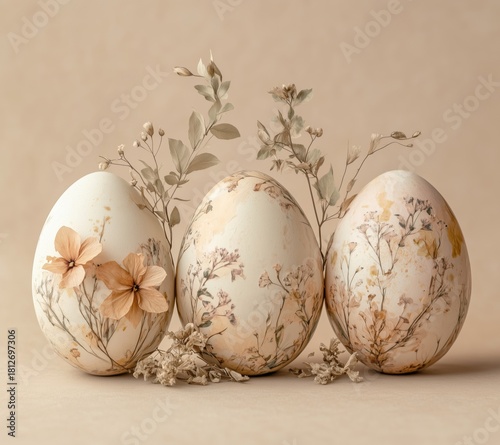 Decorative Eggs With Flowers on a Neutral Background Create a Calm Spring Atm...