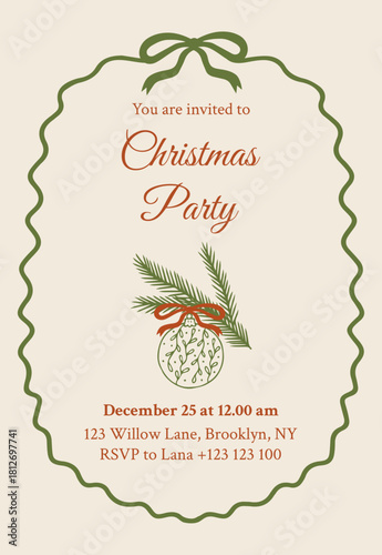 Retro Christmas party invitation template. Vintage vector card with a fir branch and Christmas decor. 