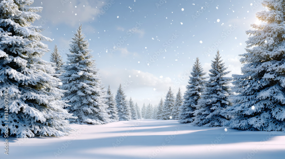Fototapeta premium Snow-covered landscape with evergreen trees under a clear blue sky, showcasing a serene winter scene with gentle snowfall and soft sunlight illuminating the tranquil environment
