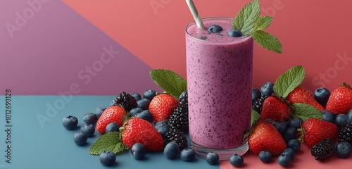 Refreshing Berry Smoothie Served With Fresh Fruits on a Vibrant Background