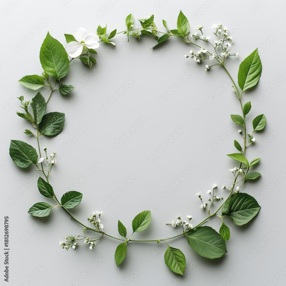 Fototapeta premium Fresh Green Leaves and White Flowers Create a Beautiful Circular Arrangement on a Light Background