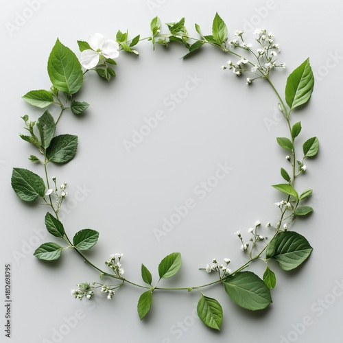 Fresh Green Leaves and White Flowers Create a Beautiful Circular Arrangement ...