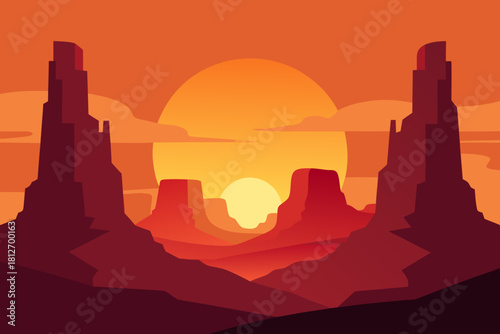 A scenic sunset view of the Navajo sandstone rock formations in Monument Valley, Arizona, USA, creates a dramatic silhouette against the red desert sky in this iconic Southwest landscape park