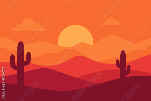 Vector illustration of a desert landscape at sunset featuring a cactus silhouette against an orange sky with mountains and sand clouds for a nature travel background design
