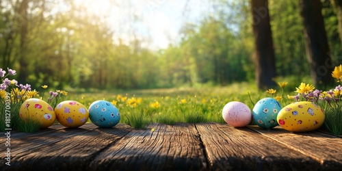 Colorful Easter Eggs on a Wooden Table in a Sunny Spring Forest