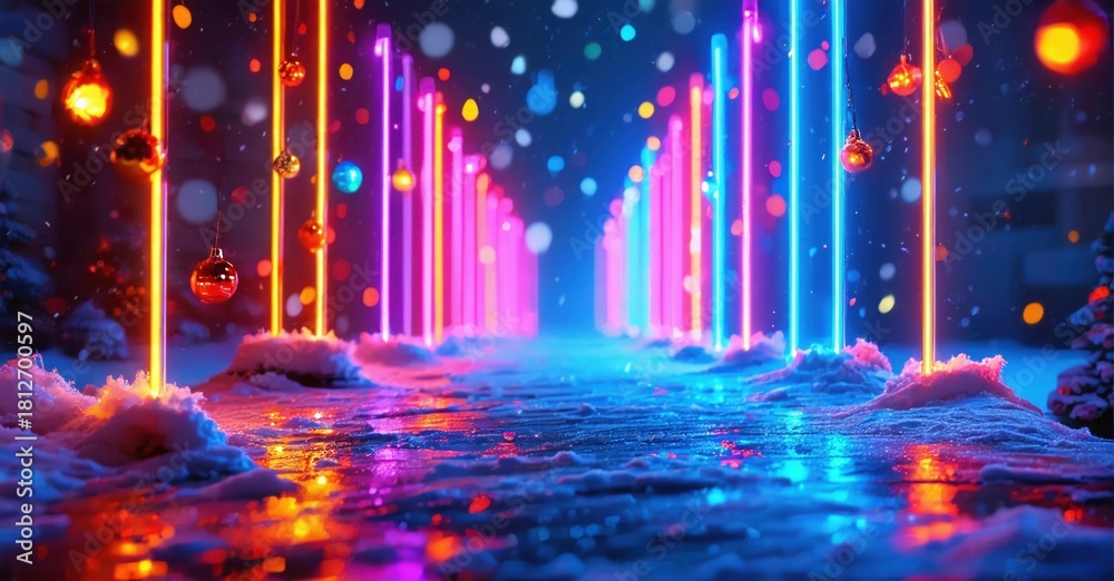 Fototapeta premium Neon lights create festive tunnel. Snow falls upon reflective wet ground. Bright colors dominate winter scene. Magical atmosphere.