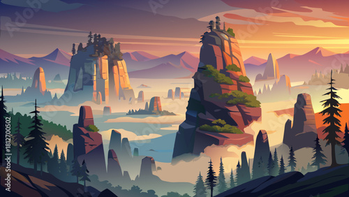 Very beautiful misty morning light surrounds towering monolith rock formations in Custer State Park, where soft fog drifts through the Black Hills and highlights the dramatic shapes of the rugged land