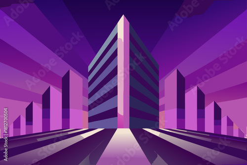 Night urban city skyline illustration with illuminated skyscraper architecture and road silhouette