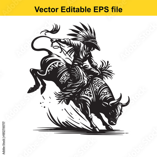 Native american cowboy riding bucking bull vector art