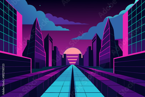 Night city street view of an urban business skyline and building architecture